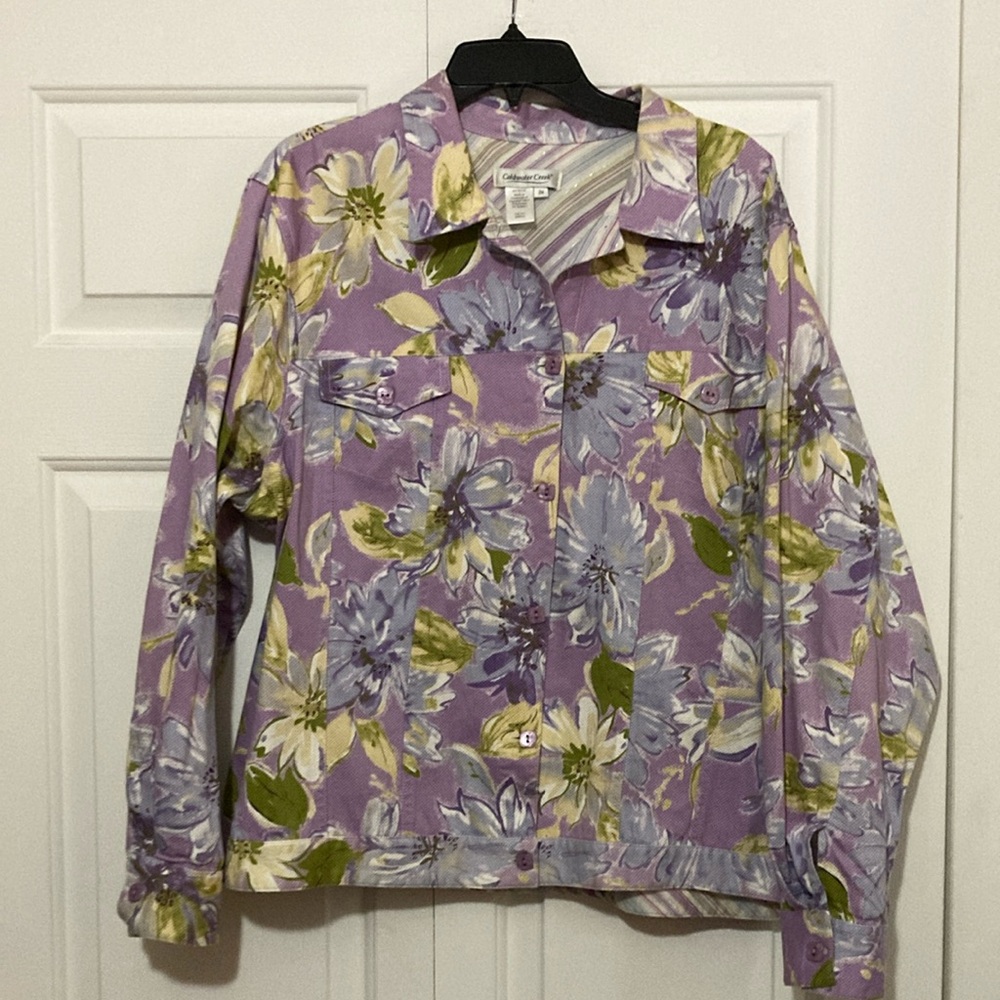 Coldwater Creek Purple and Green Jean Jacket Floral Design